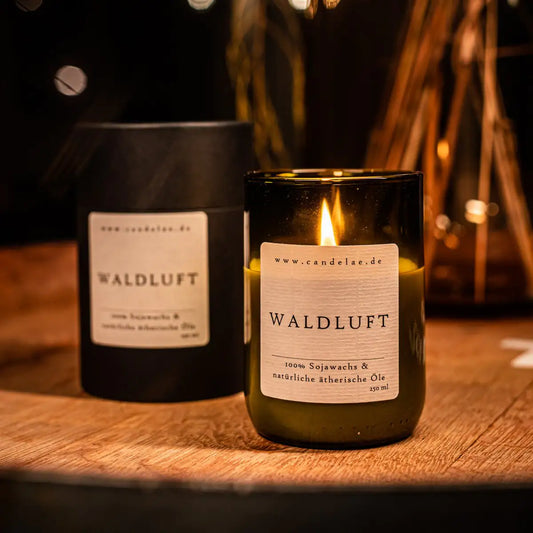 CANDALAE Sojawachs Duftkerze mit Waldduft aus recycleter Weinflasche 250ml - Kerze und Pappschachtel