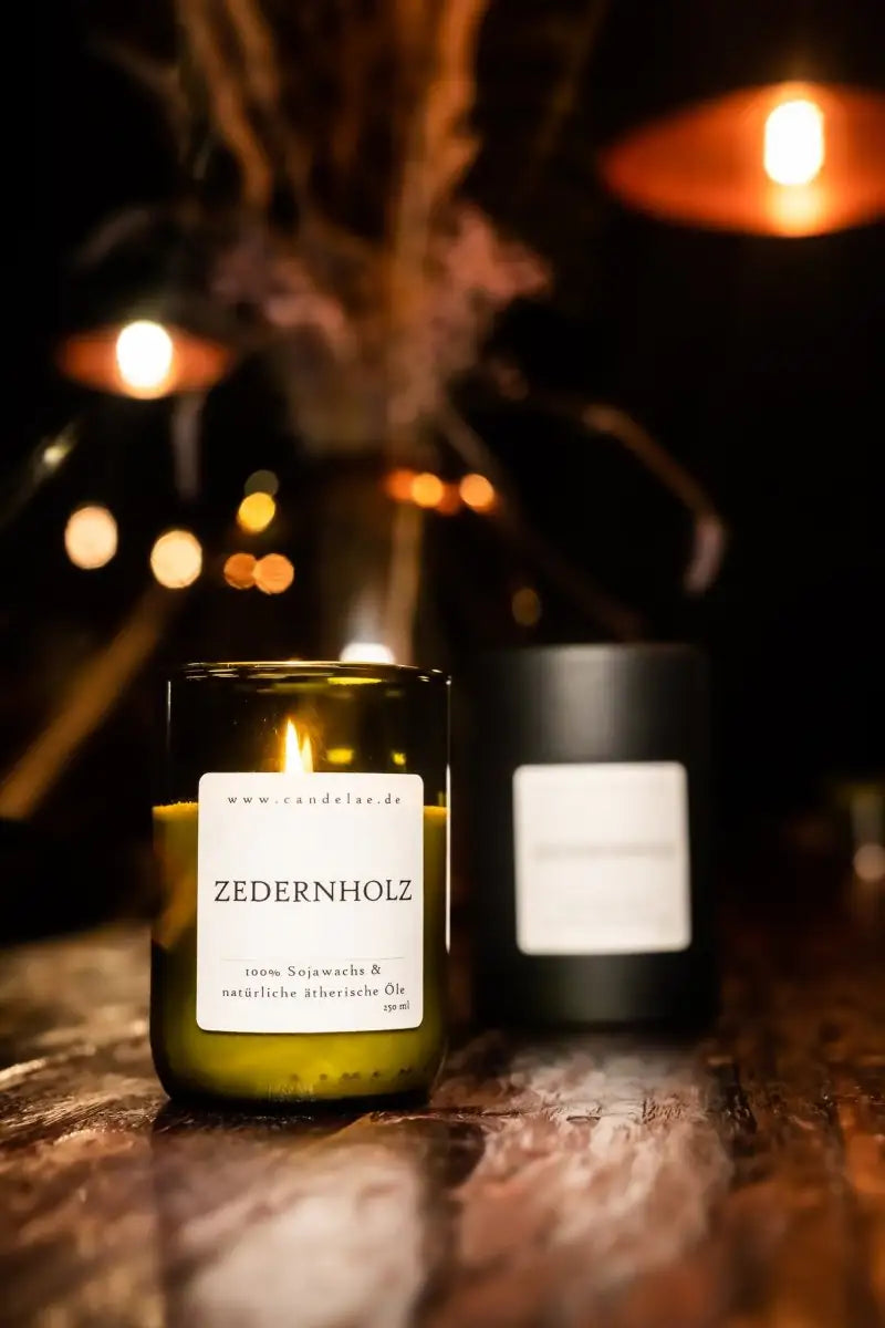 CANDELAE ZEDERNHOLZ Duftkerze aus Sojawachs, Ruhe & Entspannung 250ml - brennende Kerze und Paapschachtel