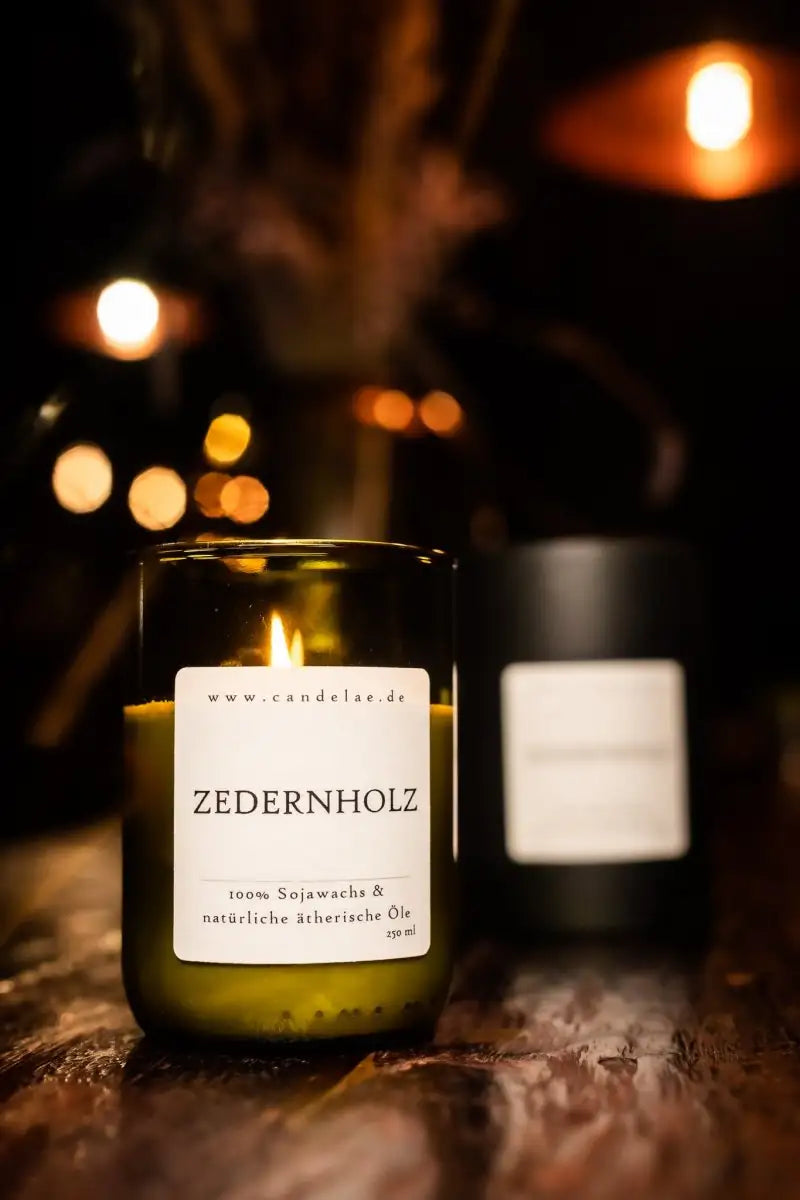 CANDELAE ZEDERNHOLZ Duftkerze aus Sojawachs, Ruhe & Entspannung 250ml - brennende Kerze & Pappschachtel