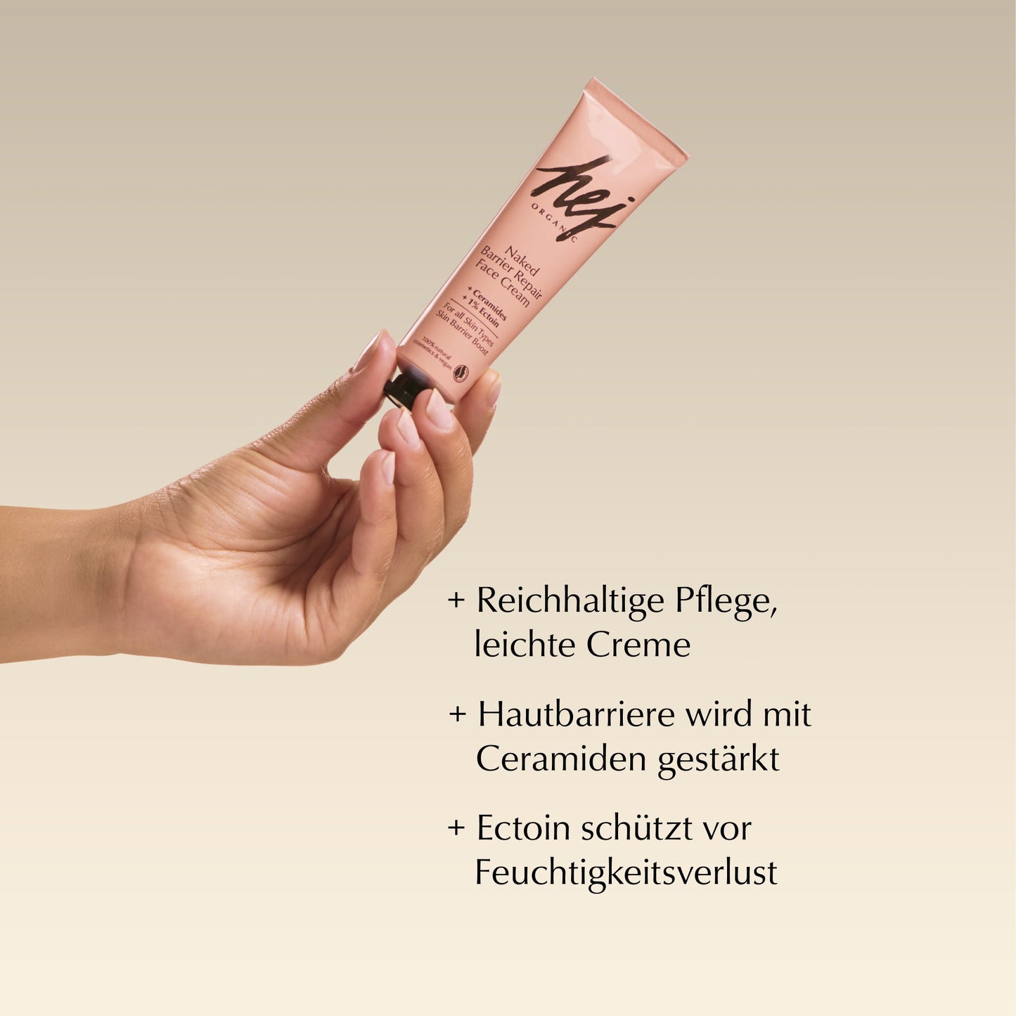 Naked Barrier Repair Face Cream von HEJ ORGANIC, Produktmerkmale als Text neben der Tube