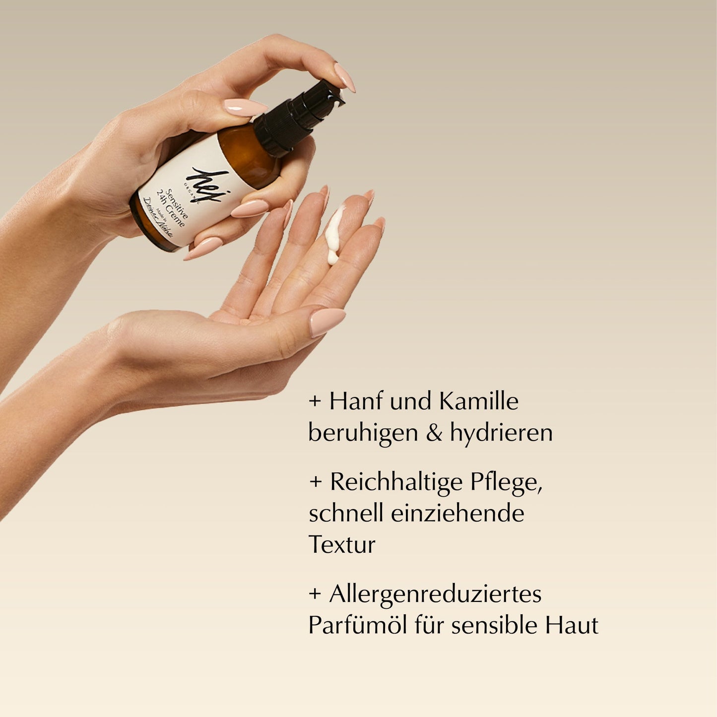 Sensitive 24h Gesichtscreme von HEJ ORGANIC, Produktmerkmale als Text neben dem Tiegel