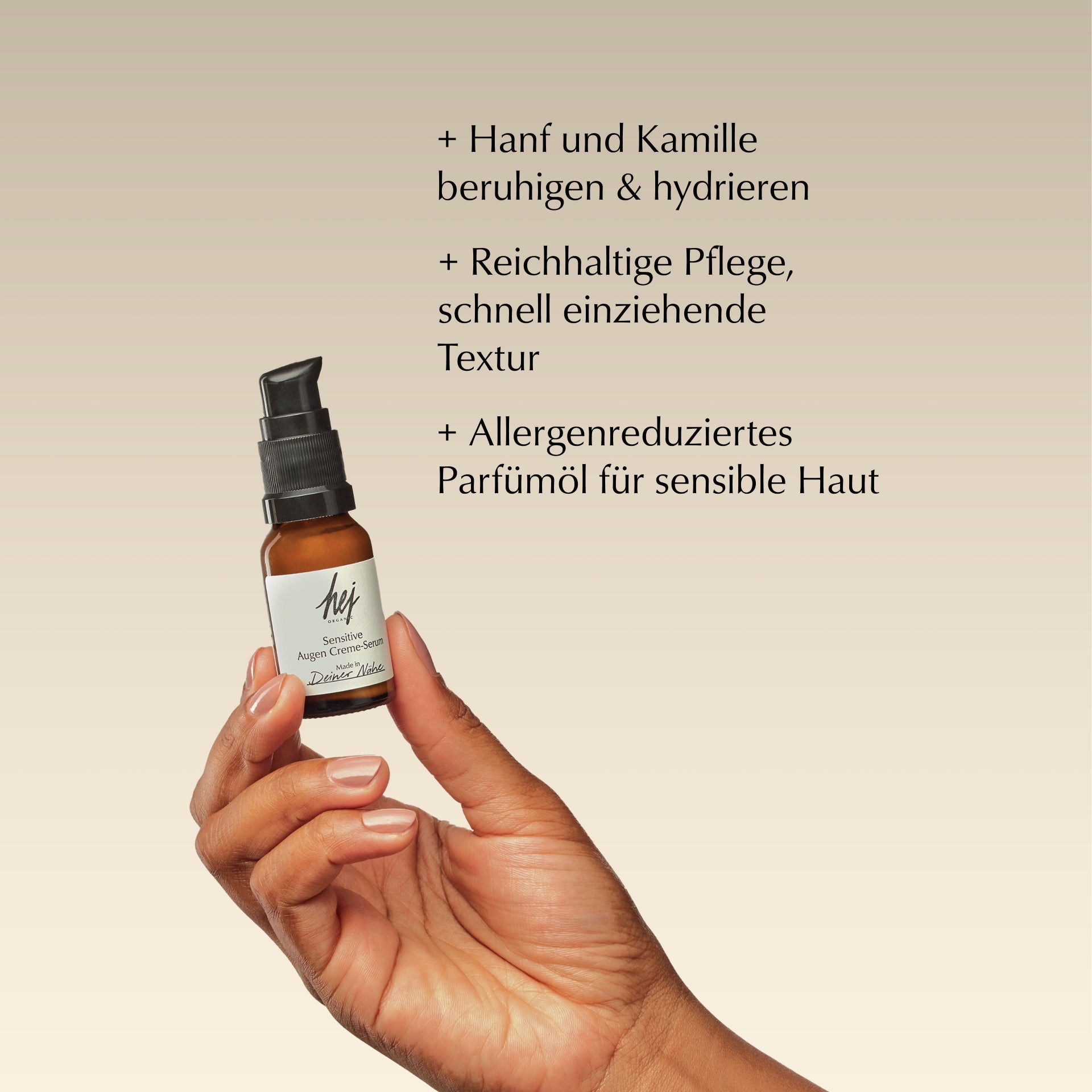 Sensitive Augen Creme-Serum von HEJ ORGANIC, Produktmerkmale als Text neben der Flasche