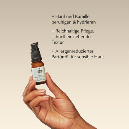 Sensitive Augen Creme-Serum von HEJ ORGANIC, Produktmerkmale als Text neben der Flasche